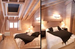 - deux photos d'une chambre avec des murs en bois et un lit dans l'établissement Biches du Plantin, à Les Allues