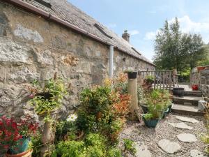 a stone wall with potted plants next to a building at Grouse Cottage in Newtonmore