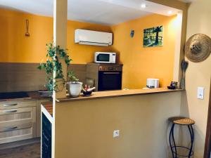 a kitchen with yellow walls and a counter with a microwave at House with nice garden, downtown by walk in Vaison-la-Romaine
