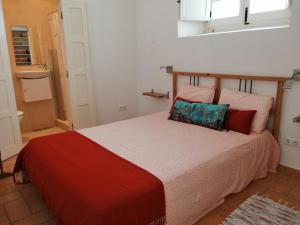 1 dormitorio con 1 cama grande con manta roja en Casa do Museu, en Alcácer do Sal