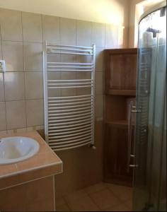 a bathroom with a sink and a glass shower at Panoráma Apartman Ház in Pannonhalma