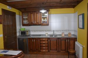 a kitchen with wooden cabinets and a sink at Apartamentos Rurales Piedrafita in Llenín