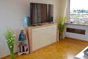 un soggiorno con una grande TV su un comò di Lakeview Penthouse a Meersburg