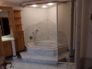 a bathroom with a bath tub with a glass wall at Pension Dagmar Tauplitz in Tauplitz