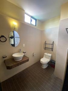 bagno con servizi igienici, lavandino e specchio di Hotel Taxaha a Candelaria