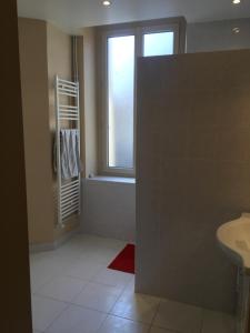 ein Bad mit einem Fenster und einem weißen Fliesenboden in der Unterkunft Appartement du Four in La Tour-du-Pin