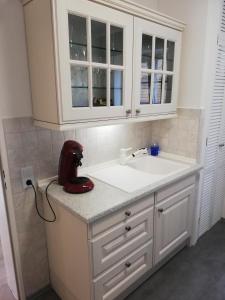 uma cozinha com um lavatório branco e armários brancos em Hills Hut em Langelsheim