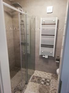 a shower with a glass door in a bathroom at Hills Hut in Langelsheim