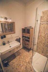 a bathroom with a sink and a shower at Stadtblick in Lüneburg