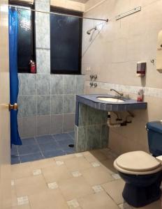 ein Bad mit einem WC, einem Waschbecken und einer Dusche in der Unterkunft México Lindo in Mexiko-Stadt
