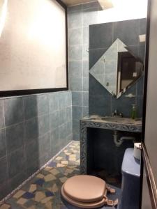 ein Badezimmer mit einem WC, einem Waschbecken und einem Spiegel in der Unterkunft México Lindo in Mexiko-Stadt