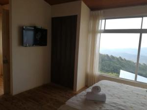 a bedroom with a bed with a television on the wall at Hotel Vistas del Cielo in Cartago