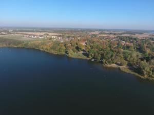 een luchtzicht op een groot meer met bomen en huizen bij Landgasthof Alter Krug Potsdam OT Marquardt in Potsdam