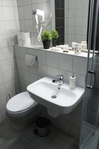 a bathroom with a sink and a toilet and a mirror at Guest House 1568 in Cluj-Napoca