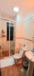 een badkamer met een toilet, een wastafel en een douche bij Little Green Room Homestay near JKIA Airport & SGR Railway Station in Nairobi