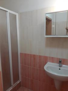 een badkamer met een wastafel en een spiegel bij apartmán Peškova in Olomouc