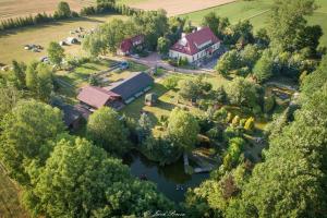 an aerial view of a house with a lake and trees at Dworek Rutkowskich in Borowskie Cibory