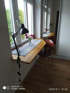un escritorio con una lámpara y un jarrón de flores. en Herman View Apartment, en Grudziądz