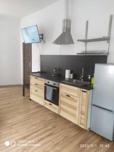 a kitchen with a stove and a white refrigerator at Herman View Apartment in Grudziądz