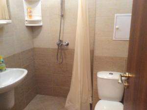 een badkamer met een douche, een toilet en een wastafel bij Marina Studio in Boergas