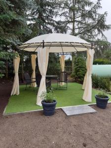 un pabellón con mesa y sillas en un jardín en Ferienwohnung Runge I, en Schönhauser Damm