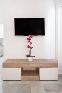 uma televisão numa parede branca com uma flor na mesa em Apartamento Marina Suite em Benalmádena