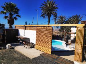 un patio trasero con piscina y palmeras en Finca Villa Lucía, en Mácher