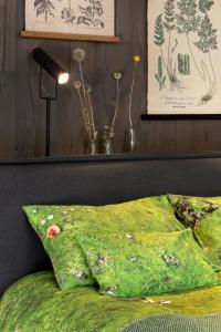 a green pillow sitting on top of a bed at Green Deer Premium in Zakopane