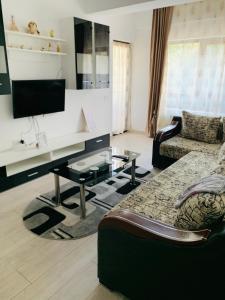 a living room with a couch and a desk at Bridge tower Residence in Iaşi