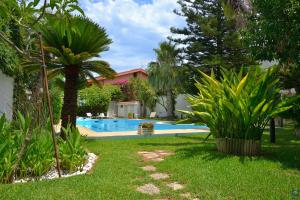 a yard with a swimming pool and palm trees at B&b Mondello Resort in Palermo