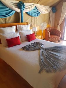 ein Schlafzimmer mit einem großen Bett mit roten Kissen in der Unterkunft Eagle Ranch Lodge in Mahikeng