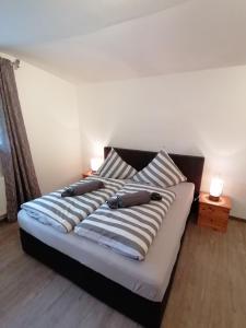 1 cama con 2 almohadas en una habitación en Landgasthof Fischer, en Lichtenfels