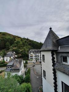 a view of a town with buildings and a mountain at Hotel Bergschlösschen in Boppard