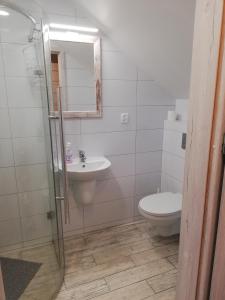 a bathroom with a toilet and a sink at PAKLADA 2 Pokój typu studio in Karsin