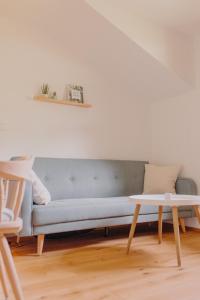 a blue couch in a living room with a table at VOM REITER, Ferienwohnung am Bauernhof mit Bergblick und privater Infrarotkabine, Inklusive Sommercard in Schladming