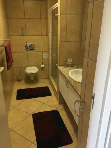 La salle de bains est pourvue de toilettes, d'un lavabo et d'une douche. dans l'établissement Laguna Grove 50 3 bedroom, à Knysna