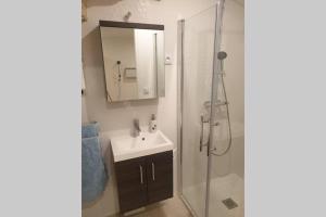 bagno con lavandino e doccia con specchio di Atelier du 7 a Bouzigues