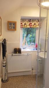 a bathroom with a shower and a window with a radiator at Yr Hen Farcdy in Talsarnau