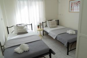 2 aparte bedden in een kamer met een raam bij Melanthi Apartment in Keramotí