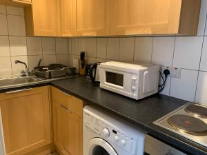 a kitchen counter with a microwave and a dishwasher at 105 Nelson Street in Largs