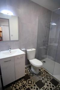 uma casa de banho com um WC, um lavatório e um chuveiro em Villa Jean Julien - Le Guéry - Appartement T2bis - 2 chambres - 4 personnes em Le Mont-Dore