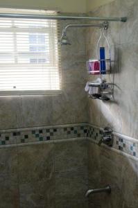 a bathroom with a shower with a tub and a window at Hopeville Apartments in Christ Church