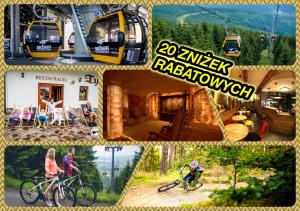 a collage of pictures of people riding bikes and a train at Apartamenty Holiday Mountain Residence by Royal Aparts in Świeradów-Zdrój