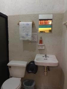a bathroom with a toilet and a sink at Amigos Hostel Cozumel in Cozumel