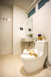 ein weißes Bad mit einem WC und einem Waschbecken in der Unterkunft Twin Galaxy Residences By The One in Johor Bahru