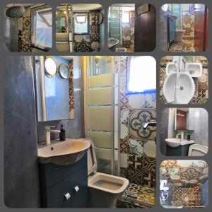 a collage of a bathroom with a sink and a toilet at House in Skyros with an amazing sea view in Skiros