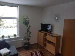 a living room with a tv on a wooden cabinet and a window at Zur Alten Oberförsterei in Benneckenstein