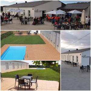 eine Gruppe von vier Bildern von einem Pool, Tischen und Stühlen in der Unterkunft Hosteria de Gonzar in Gonzar
