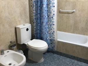 a bathroom with a toilet and a tub and a sink at Casa tipo duplex con patio y parrilla. Muy cómoda in Neuquén