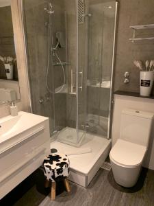a bathroom with a toilet and a bath tub at Hotel Lindenhof in Düsseldorf